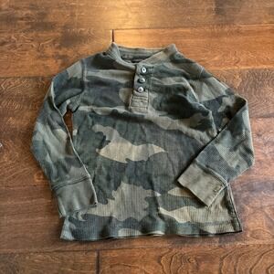 Open Trails Boys 4/5 XS Camo Henley‎ Top Green Brown Waffle Knit
